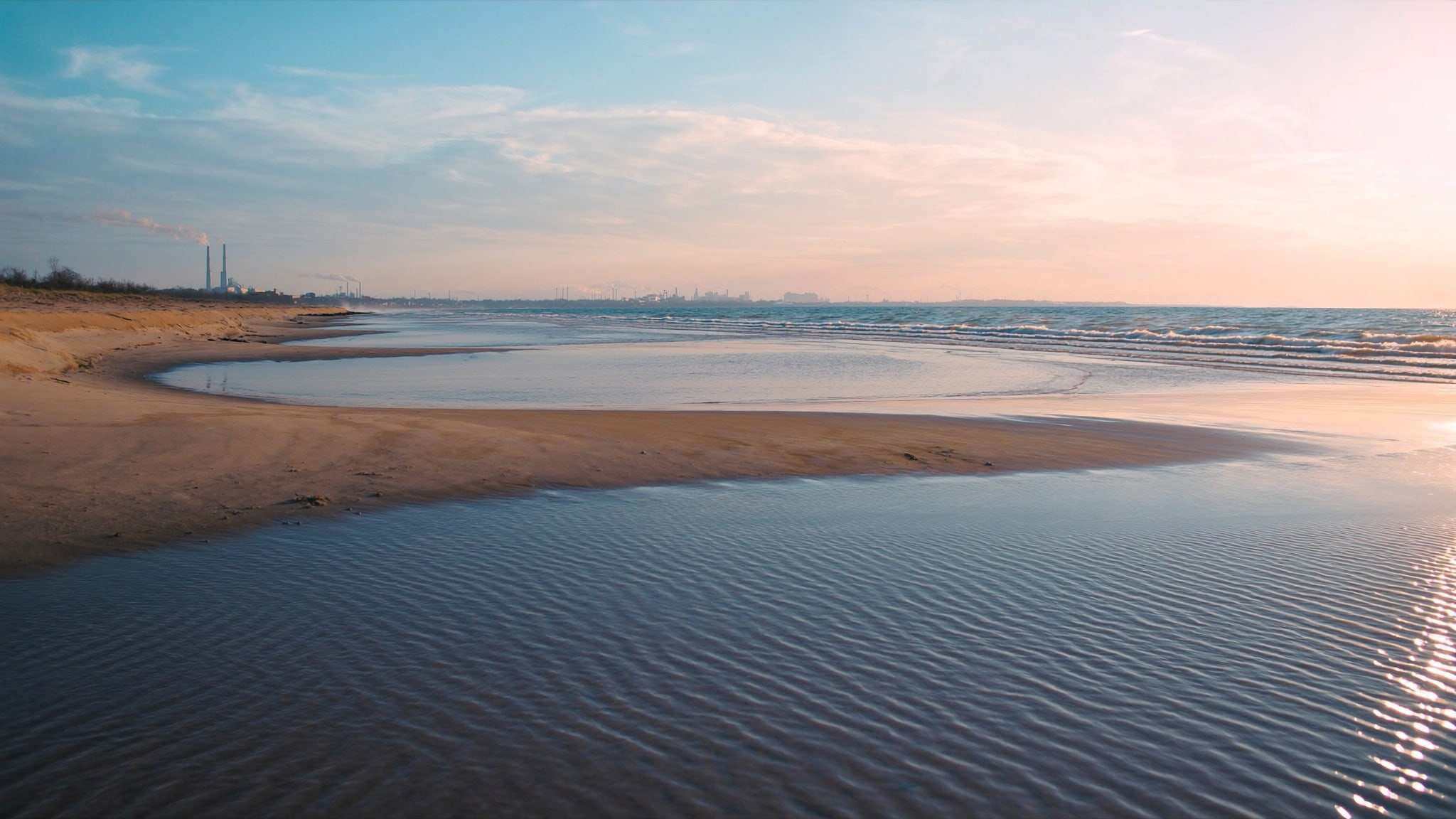 Lake Michigan shoreline at sunrise in Northwest Indiana
