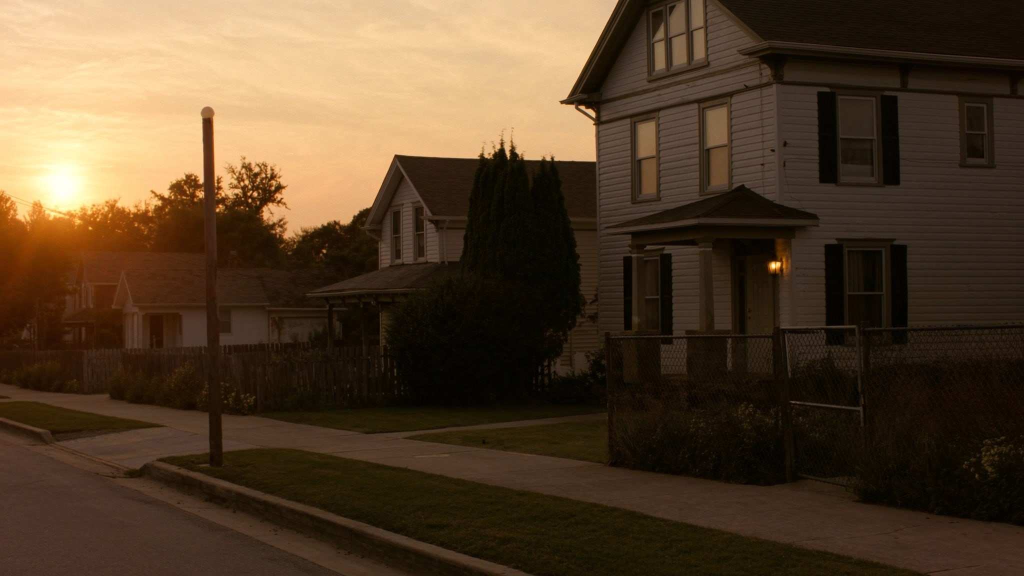 Quiet street of older frame homes at sunset