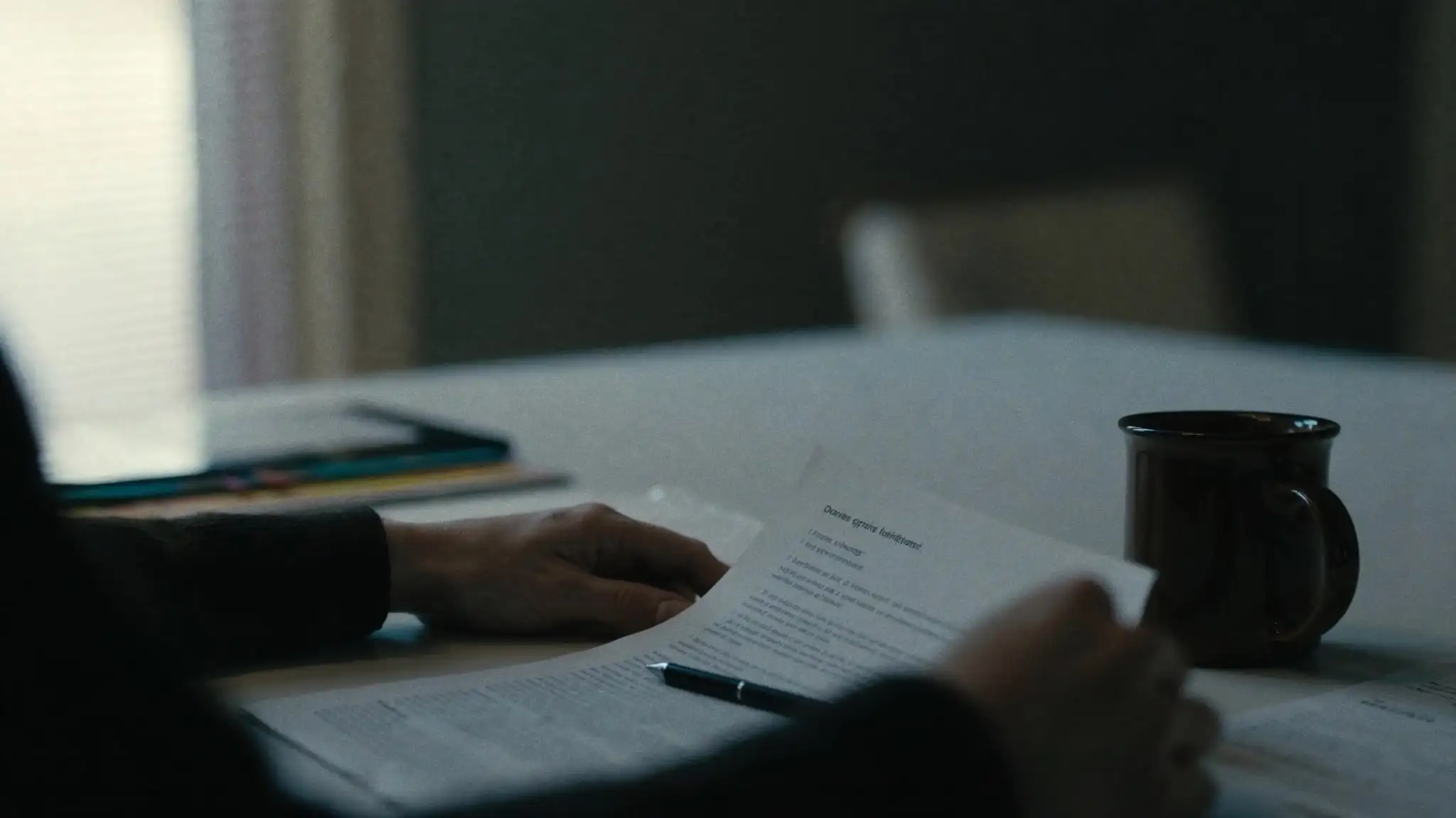Hands reviewing a printed document with a pen at a kitchen table